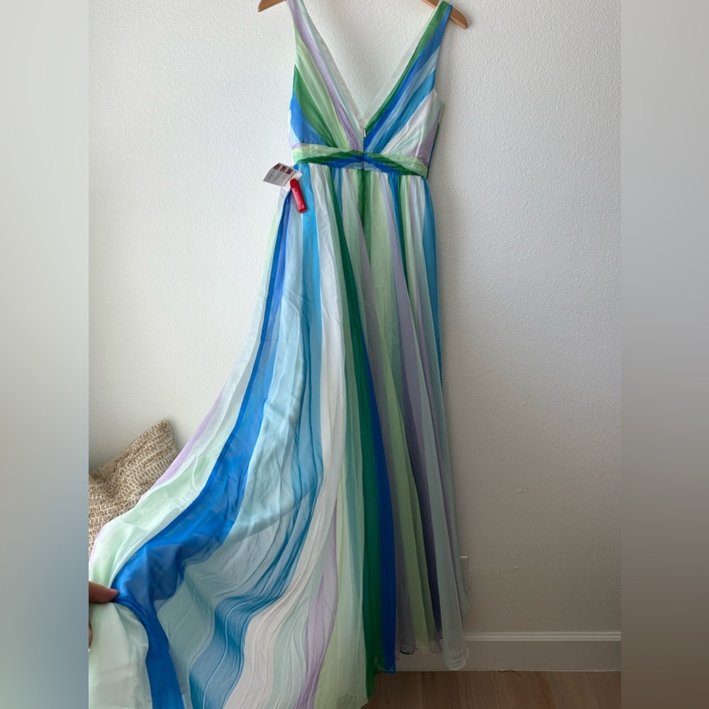 MAC DUGGAL | blue green multicolor stripe plunge maxi gown 4 - Picture 14 of 14